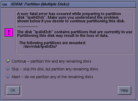 Figure 2-17 xdkm Partition Multiple Disks Dialog Warning Confirmation