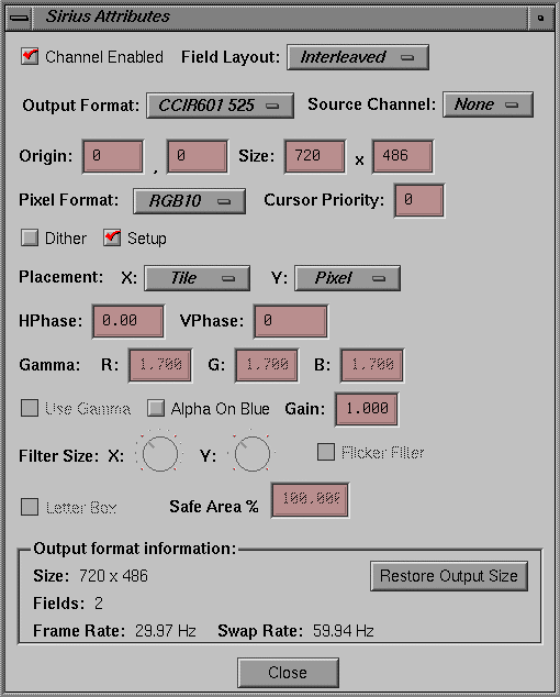 Figure 4-1 Sirius Video Channel Attributes Window 