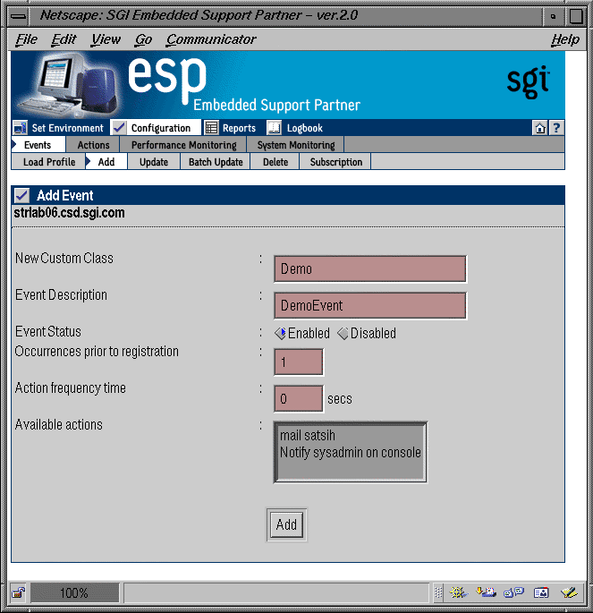 Figure 4-8 Add Event Window with Example Parameters (Adding Event to New Class)