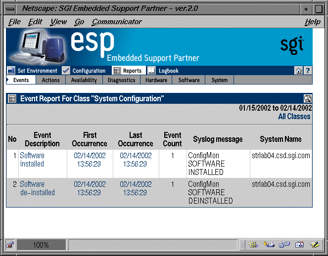 Figure 5-12 Events Registered in a Specify Class (System Group Manager Mode)