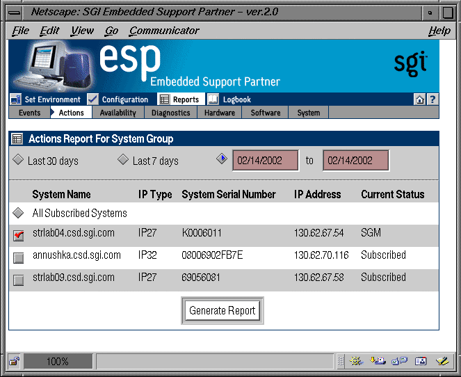 Figure 5-17 Actions Report for System Group Window (System Group Manager Mode)