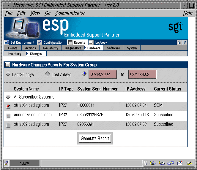 Figure 5-36 Hardware Changes Reports for System Group Window (System Group Manager Mode)