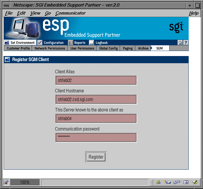 Figure 3-24 Register SGM Client Window (with Example Parameters)