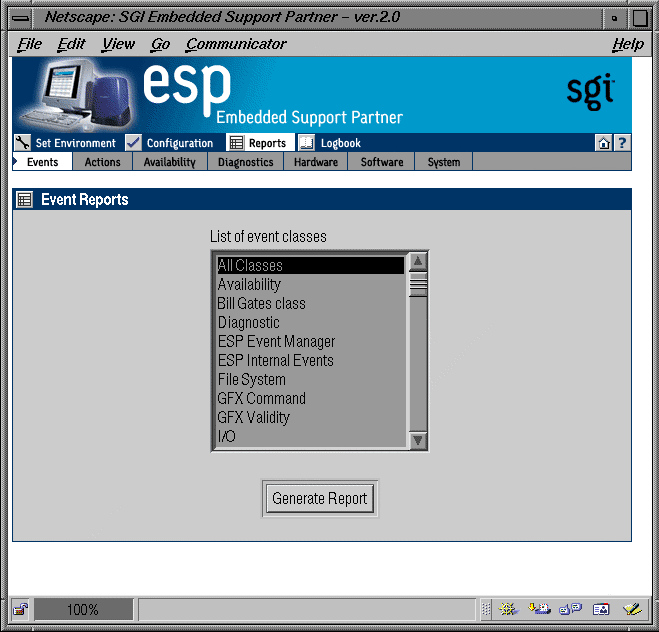 Figure 5-10 Event Reports Window with List of Classes (System Group Manager Mode)